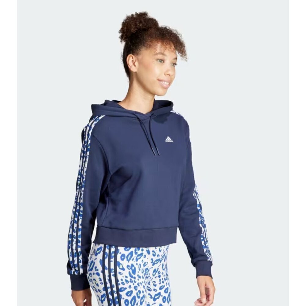 Adidas Woman's Essentials 3-Striped Hoodie ‎ Navy Animal Print Relaxed Athletic